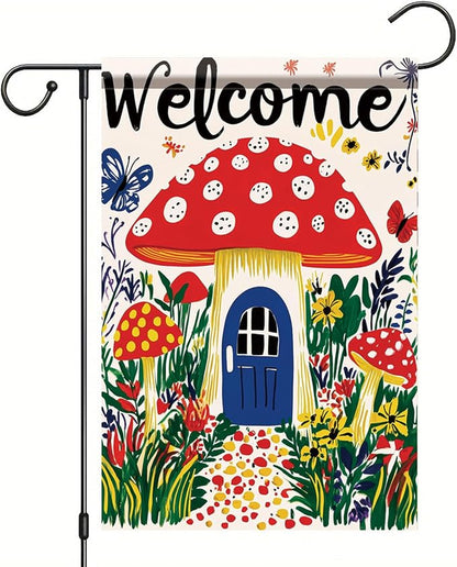 Mushroom House Garden Flag 12x18 Inch Welcome Yard Banner Whimsical Fairy Tale by StarlitPatio