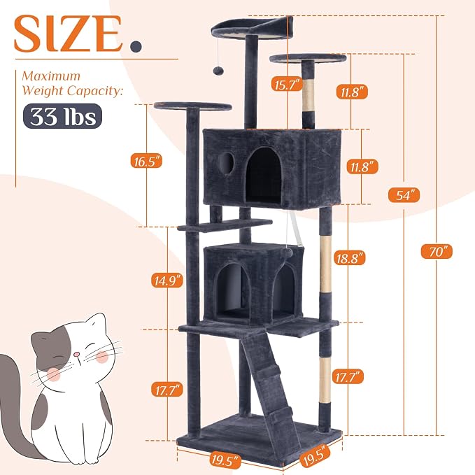 DUMOS 70-inch Indoor Cat Tree Tower –Multi-Level Pet House - Image 2