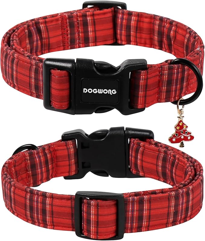 DOGWONG Christmas Plaid Dog Collar, Cute Adjustable Red Collar - Image 2