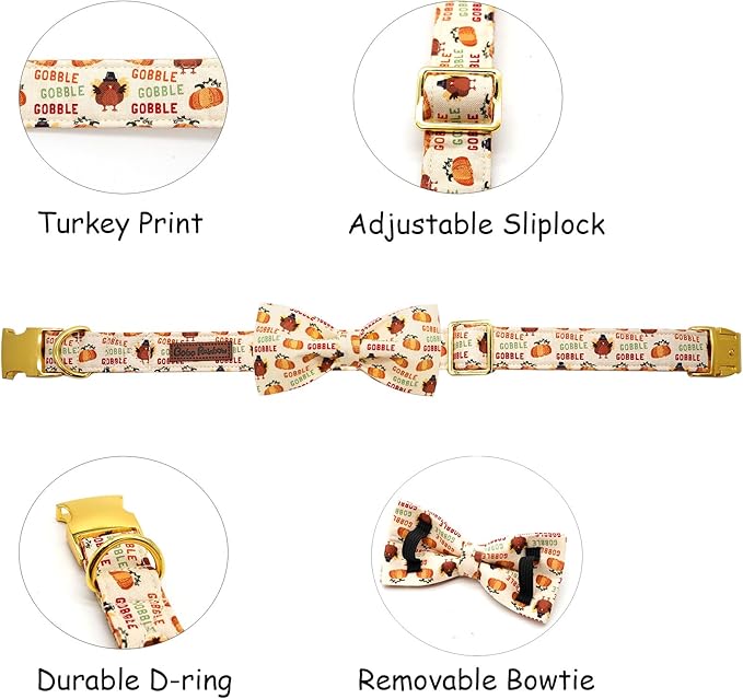 Dog Collar, Thanksgiving Turkey Pet Collar Bow Holiday Girl Boy Bow Puppy - Image 2
