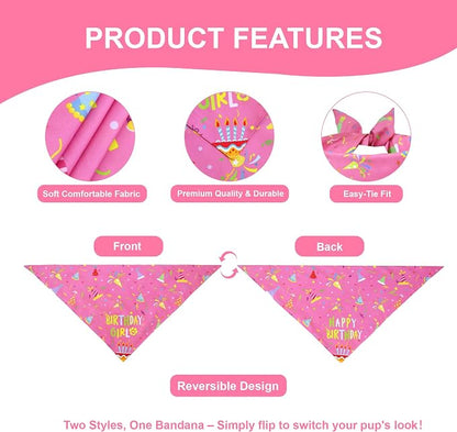 Dog Birthday Bandana Girl for Small Dogs, Reversible 2 Patterns in 1, Happy - Image 3