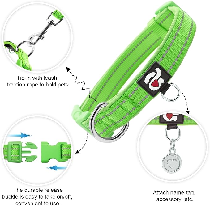 azuza Reflective Dog Collar Green Soft Neoprene Padded Pet Collar - Image 2