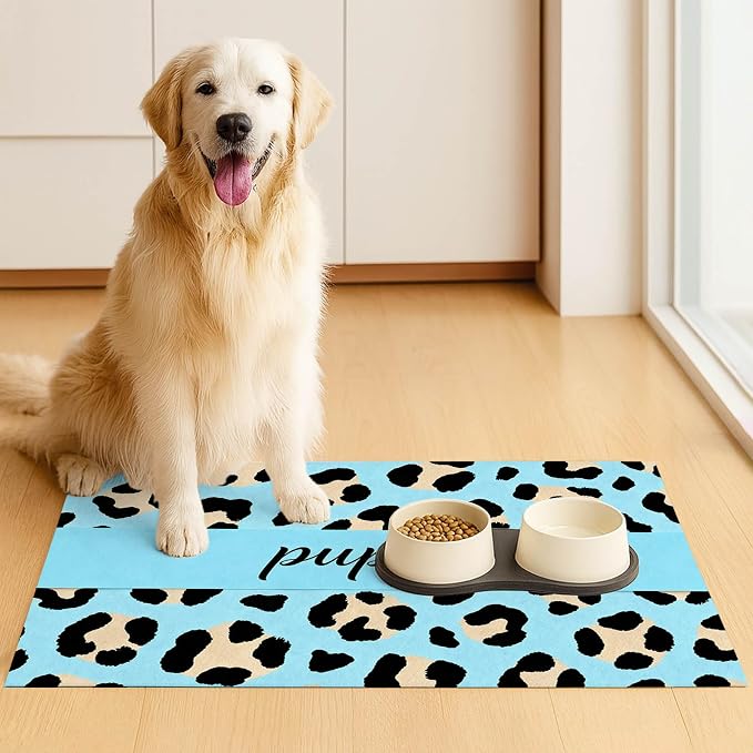Puppy Feeding Mat 20x12 inch Blue Leopard Print Dog Bowl Placemat Non Slip Mat - Image 3