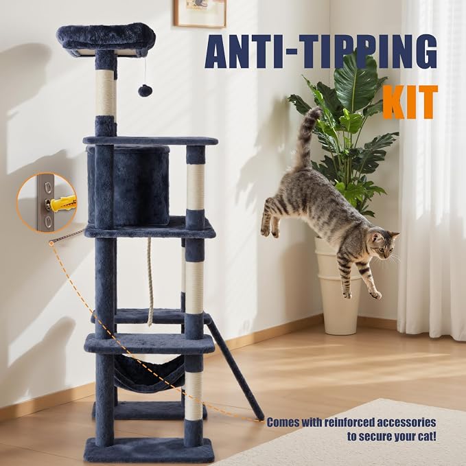 DUMOS Large 63in Cat Tree Tower, Natural Sisal Scratching Posts, Extended - Image 6