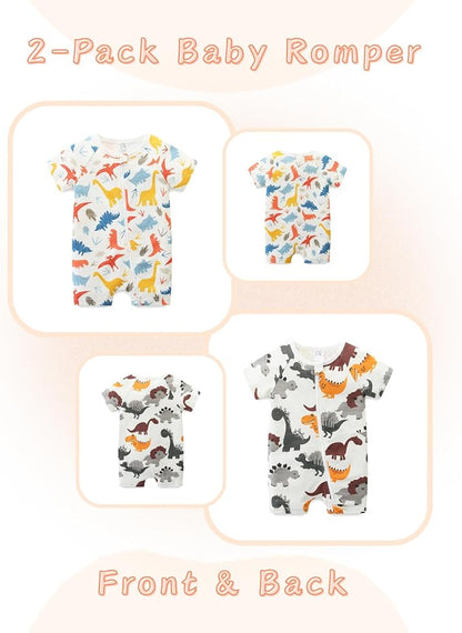 Unisex Summer Trendy 2-Pack Rompers Short Sleeve Zipped Bodysuit Infant Cotton - Image 2