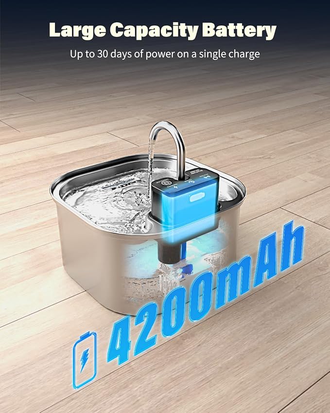 Wireless Cat Water Fountain Stainless Steel 3.2L/108oz, Battery Operated Pet - Image 6