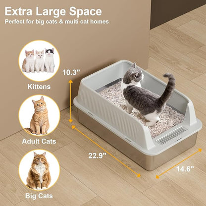 TENTIZON Large Stainless Steel Cat Litter Box, Open Top Metal Kitty Litter Tray - Image 5