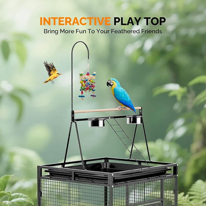 VINGLI 83 Inch Bird Cage with Play Top, Large Wrought Iron Bird Cage with Wheels - Image 3