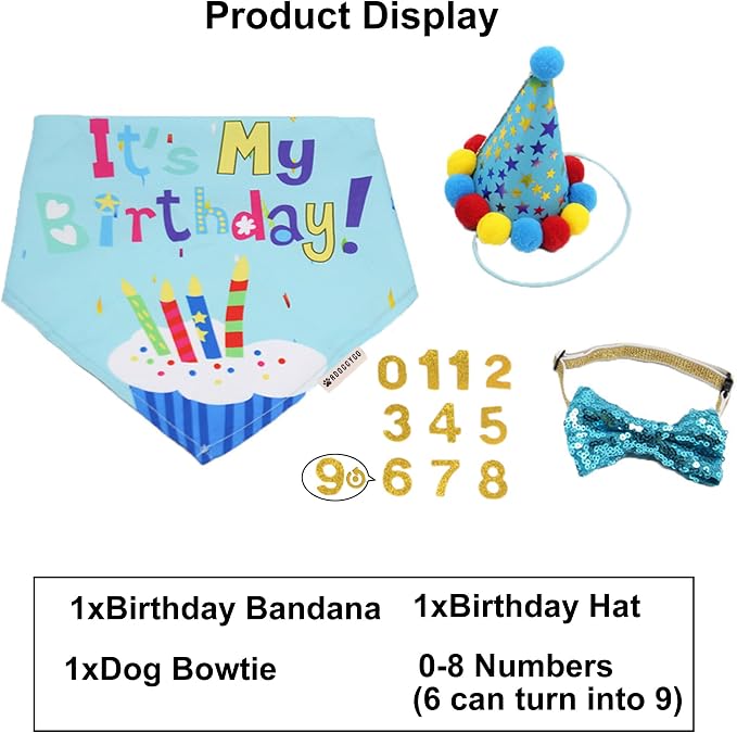 ADOGGYGO Dog Birthday Bandana Scarf and Blue Boy Puppy Birthday Party Hat - Image 7