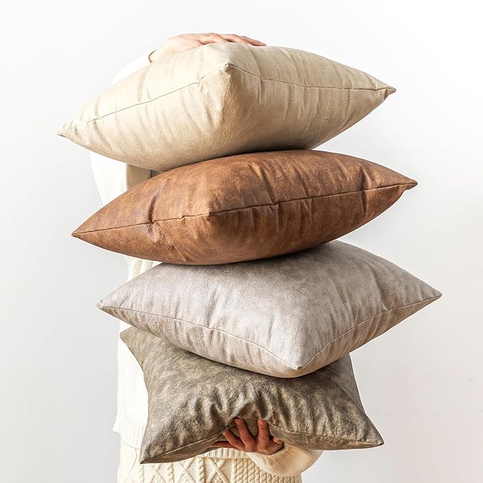 Leather Throw Pillow Covers Pack of 2 Brown, Modern Boho Thickened Floor - Image 6