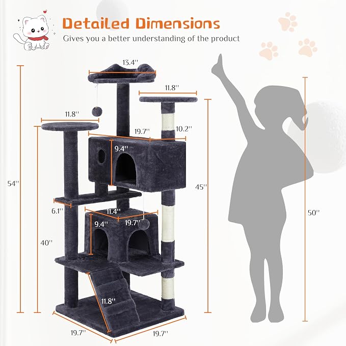 54 Inches Cat Tree Tower Condo Furniture, Climbing Tree Cat House Padded Plush - Image 3