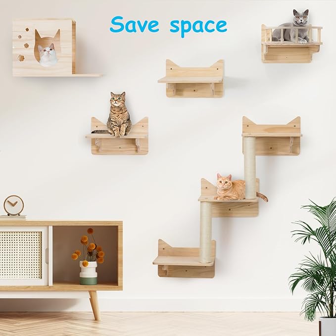 Cat Wall Shelves for Large Cats – Pine Cat Wall Furniture 9-Piece Climber Set - Image 6