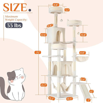 Large Cat Tree 75 Inch, Sisal Scratching Posts Board and Hammock, Pet Play House - Image 2