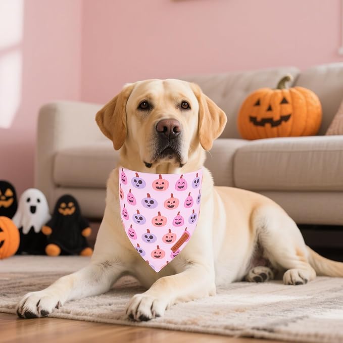 ADOGGYGO Pink Halloween Dog Bandanas 2 Pack, Reversible Ghost Pumpkin Scarf Bib - Image 3