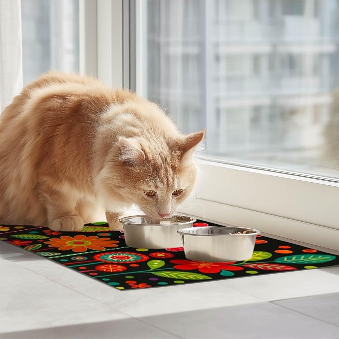 Vibrant Flower Pattern Pet Food Mat Spill-Proof Cat Feeding Mats Non-Slip Mat - Image 3