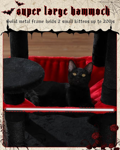 Gothic Cat Tree with Super Large Hammock, 45.7" Black Cat Tower with Coffin Bed - Image 3