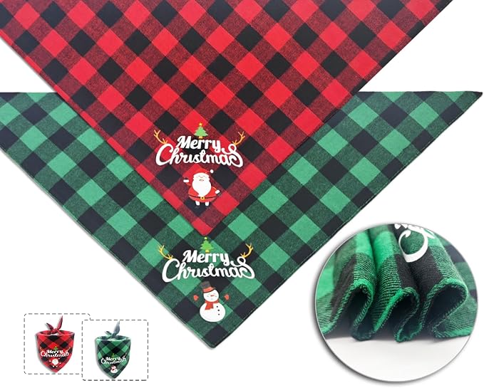 Christmas Dog Bandanas 2PCS-XLarge, Classic Plaid Triangle Holiday Scarf - Image 3