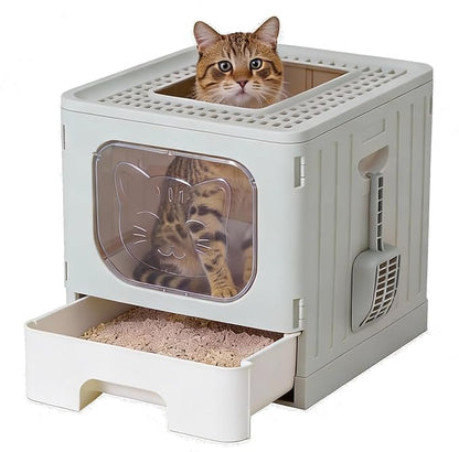 OLIXIS Cat Litter Box with Lid, Large Foldable Cat Box with Litter Scoop by OLIXIS