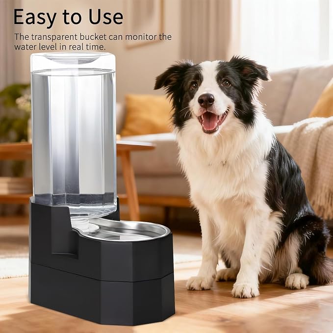 RIZZARI Large Dog Water Dispenser: 9L Raised Gravity Gray Automatic Stainless - Image 6
