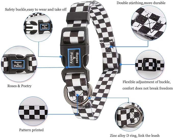 Roses&Poetry Dog Collar with Colourful Checkered Patterns, Adjustable Durable - Image 2