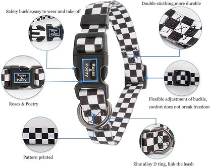 Roses&Poetry Dog Collar with Colourful Checkered Patterns, Adjustable Durable - Image 2