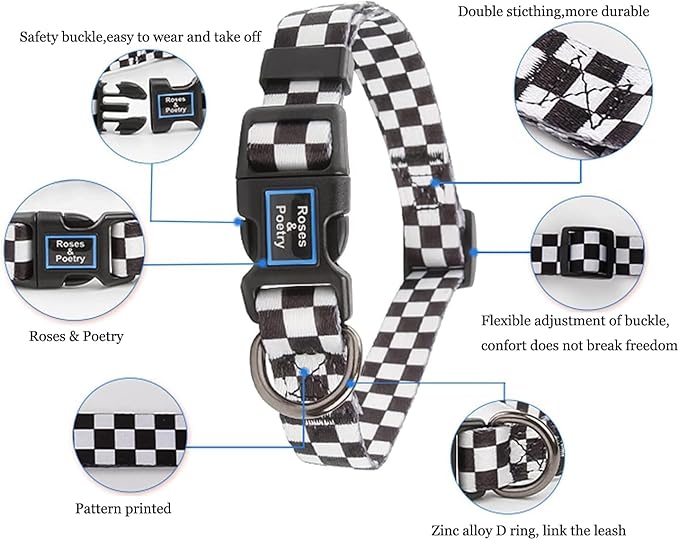 Roses&Poetry Dog Collar with Colourful Checkered Patterns, Adjustable Durable - Image 3