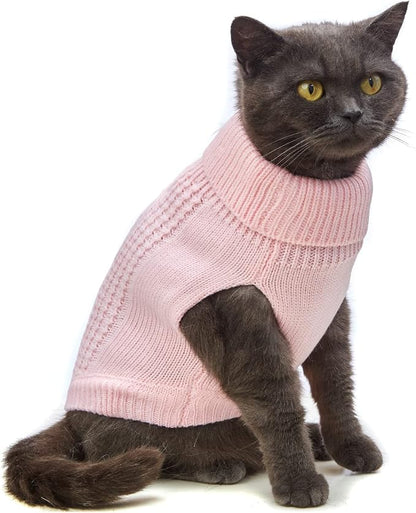 Cat Sweater, Acrylic Turtleneck Sleeveless, Light Pink - Image 3