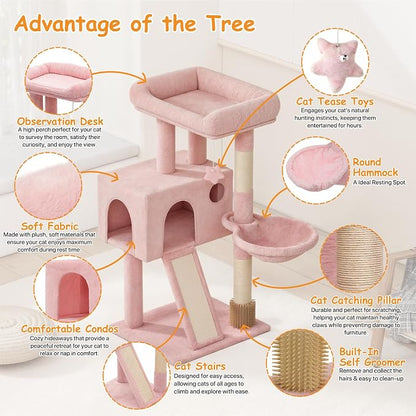 36-Inch Cat Tree for Small Cats, Cozy Condo & Scratching Board, Soft Pink Cat - Image 4