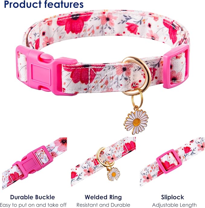 Cotton Dog Collar Light Pink Flower Pattern - Image 3