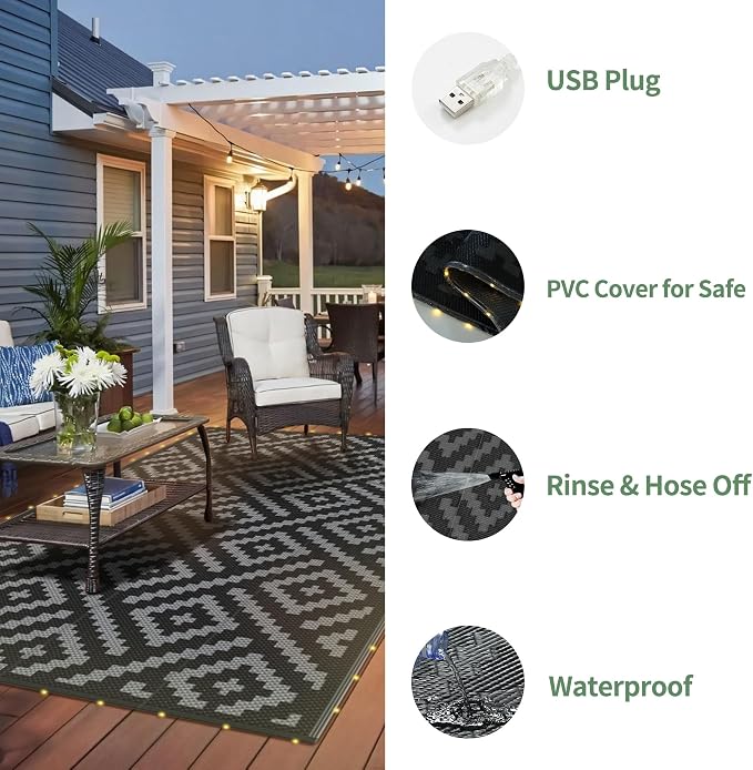GENIMO Outdoor Rug with LED Strip Lights, Reversible Plastic Straw Rugs - Image 5