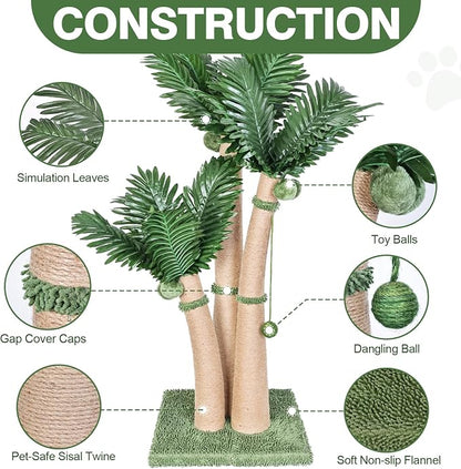 40'' Tall Cat Scratching Post Cat Tree, 3 Curved Design Palm Tree Cat - Image 2