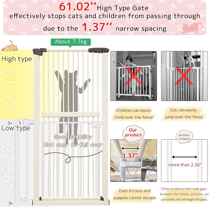 Lumizone Extra Tall Cat Gate 61.02" High Pressure Mounted Extra Wide - Image 4