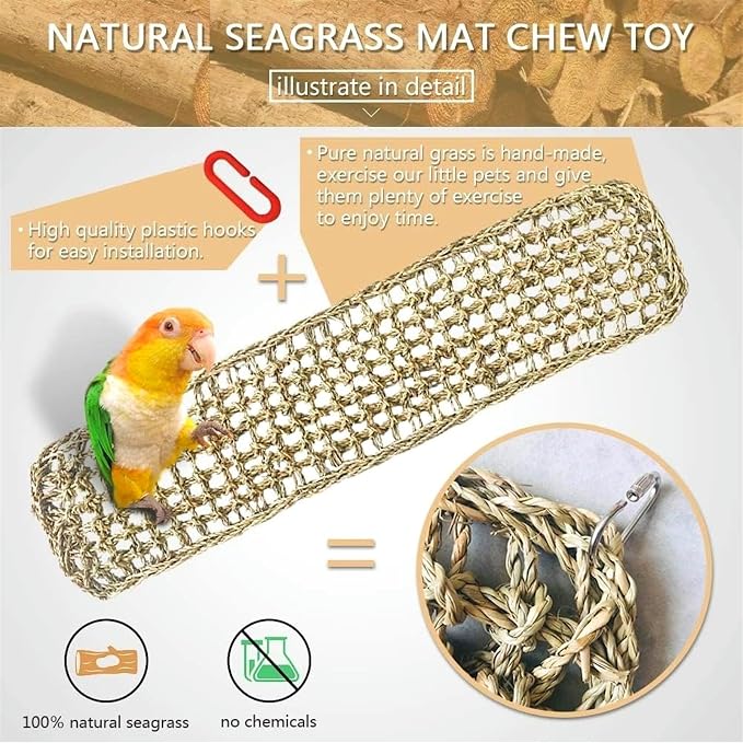 2Pcs Bird Seagrass Mat 20.5×8'' Natural Grass Woven Net Hammock Hanging on Cage - Image 2