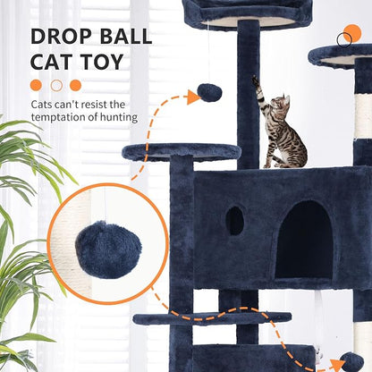 70 Inch Navy Blue Cat Tree, Tall Cat Tower - Image 2