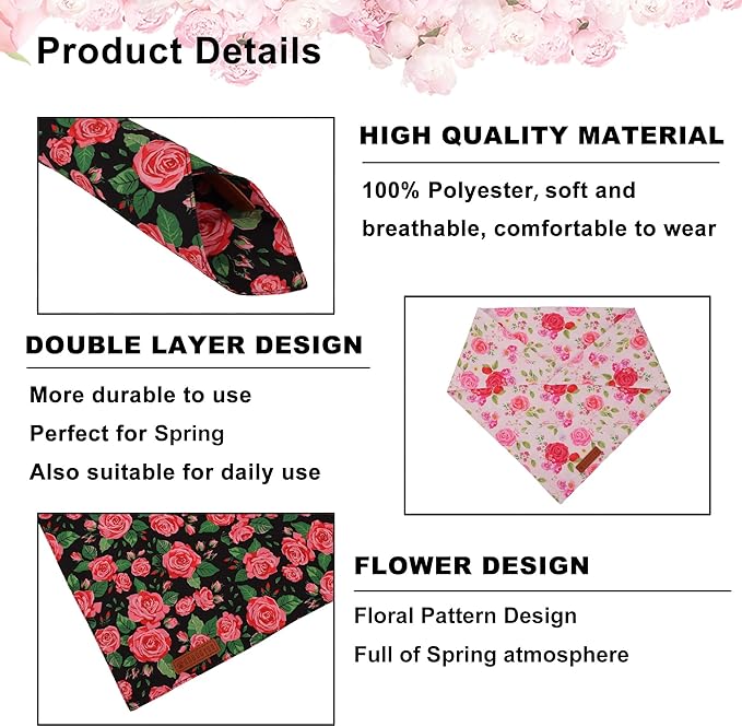 ADOGGYGO Floral Dog Bandana 2 Pack, Reversible Red Pink Rose Puppy Scarf Bib - Image 5