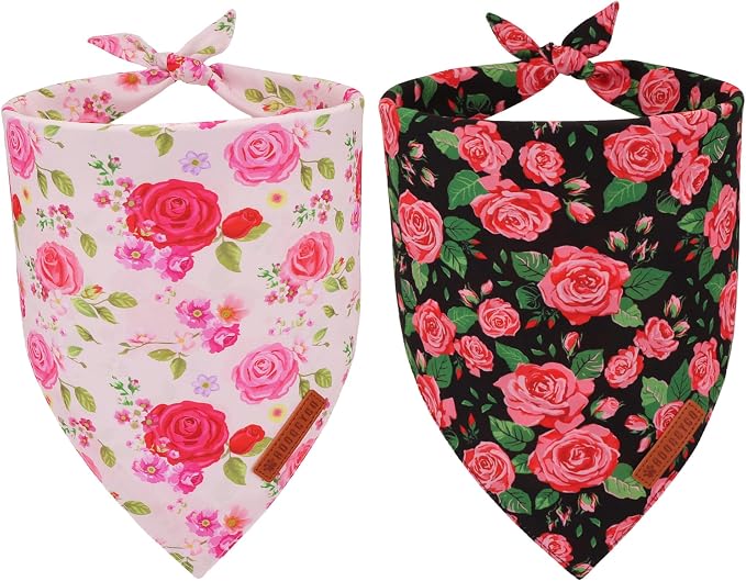 ADOGGYGO Floral Dog Bandana 2 Pack, Reversible Red Pink Rose Puppy Scarf Bib by ADOGGYGO