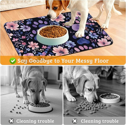 Paw Print Dog Food Mat, Watercolor Flower Absorbent Pet Feeding Mat - Image 4