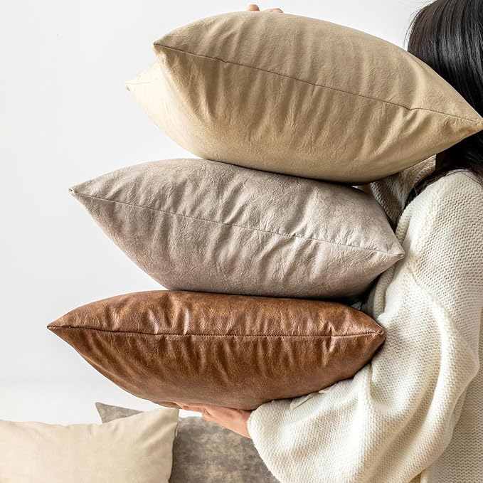 Pack of 4 Neutral Decorative Faux Leather Throw Pillow Covers 20x20 inch - Image 3