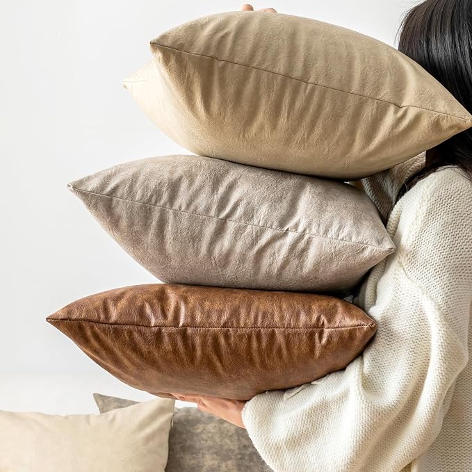 Pack of 2 Leather Throw Pillow Covers, Modern Boho Decorative Cognac Thickened - Image 3