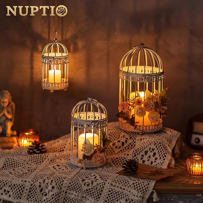 NUPTIO Decorative Candle Lanterns White: 3 Pcs Distressed White Metal Bird Cage - Image 2