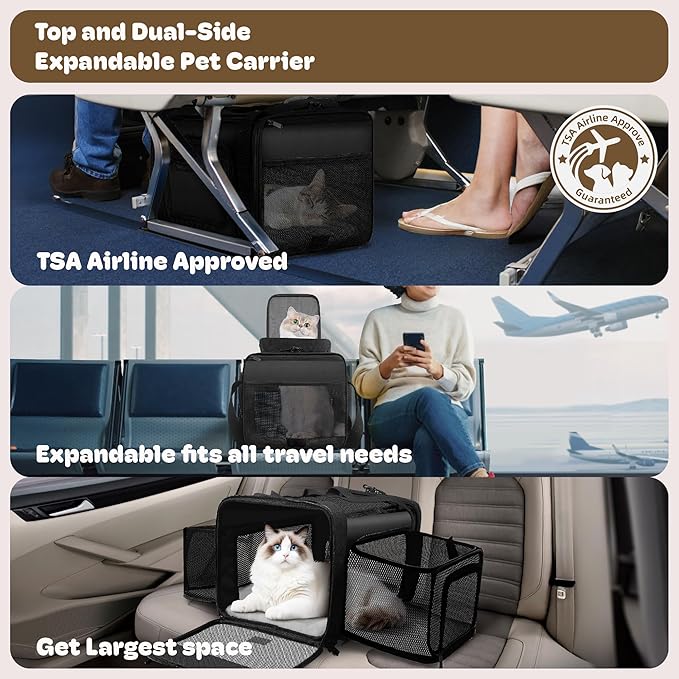 Top and 2 Sides Expandable Cat Carrier 17x11x11, TSA Airline Approved Dog - Image 2