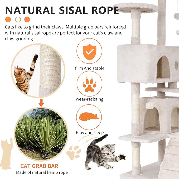 BestPet | 54" Cat Tree Tower | Beige | Sturdy, Hanging Cat Toys, Observation - Image 4