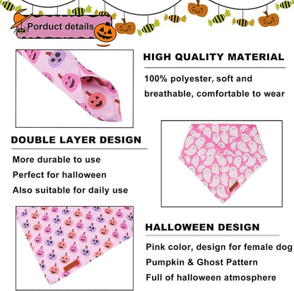 ADOGGYGO Pink Halloween Dog Bandanas 2 Pack, Reversible Ghost Pumpkin Scarf Bib - Image 5
