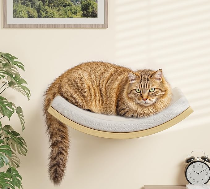 Cat Wall Shelf with Curved Hammock Bed, Wall Mounted Cat Perch with Beige Soft by PELUOMOZ