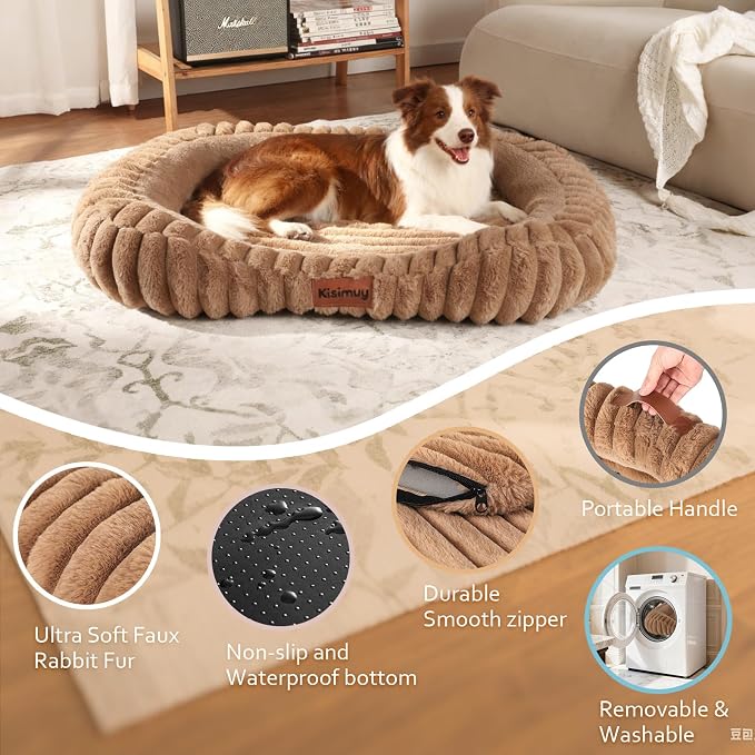 Cute Washable Dog Bed for Medium Large Dogs, Calming Furry Bolster Dog Bed - Image 6