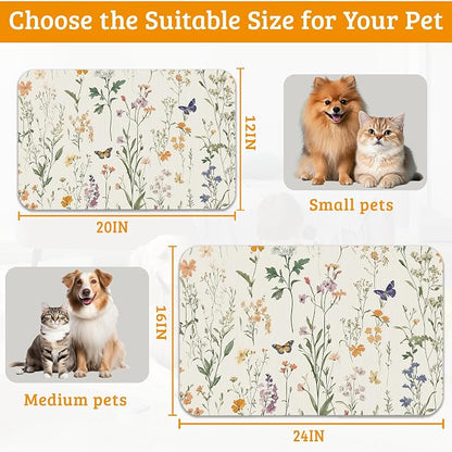 Wildflowers Butterfly Dog Cat Food Mat, Plants Absorbent Waterproof Placemat - Image 6