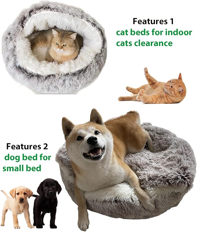 ShinHye Cat Bed Round Plush Fluffy Hooded Cat Bed Cave, Cozy - Image 3