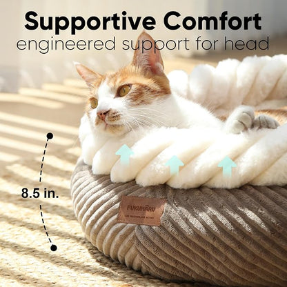 FUKUMARU Cat Bed, Calming Donut Dog Beds, Plush Faux Fur&Corduroy Kitten Beds - Image 4