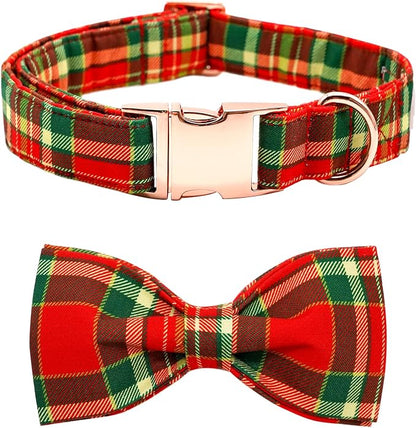 Dog Collar - Christmas Red Plaid Dog Collars Bowtie Gift Puppy Cute Soft Collar by BoboRainbow