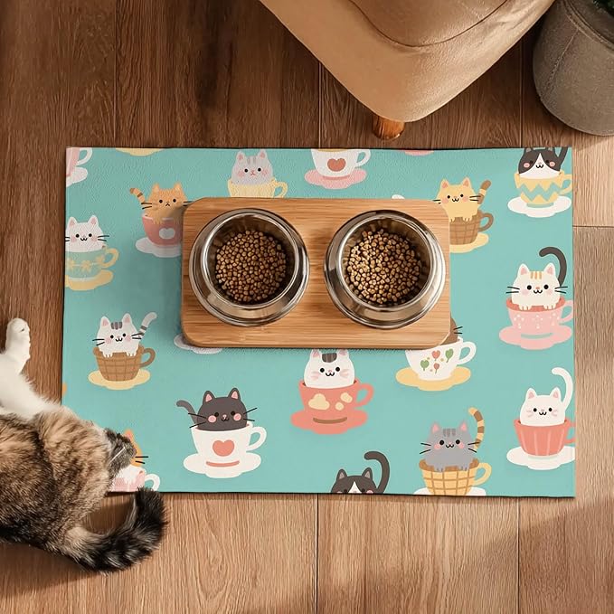 Cat Feedings Mats 20x12 inch Teacup Cat Print Pet Bowl Placemat Non Slip Mat - Image 5